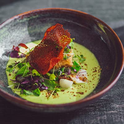 A plated dish with crisp garnish
